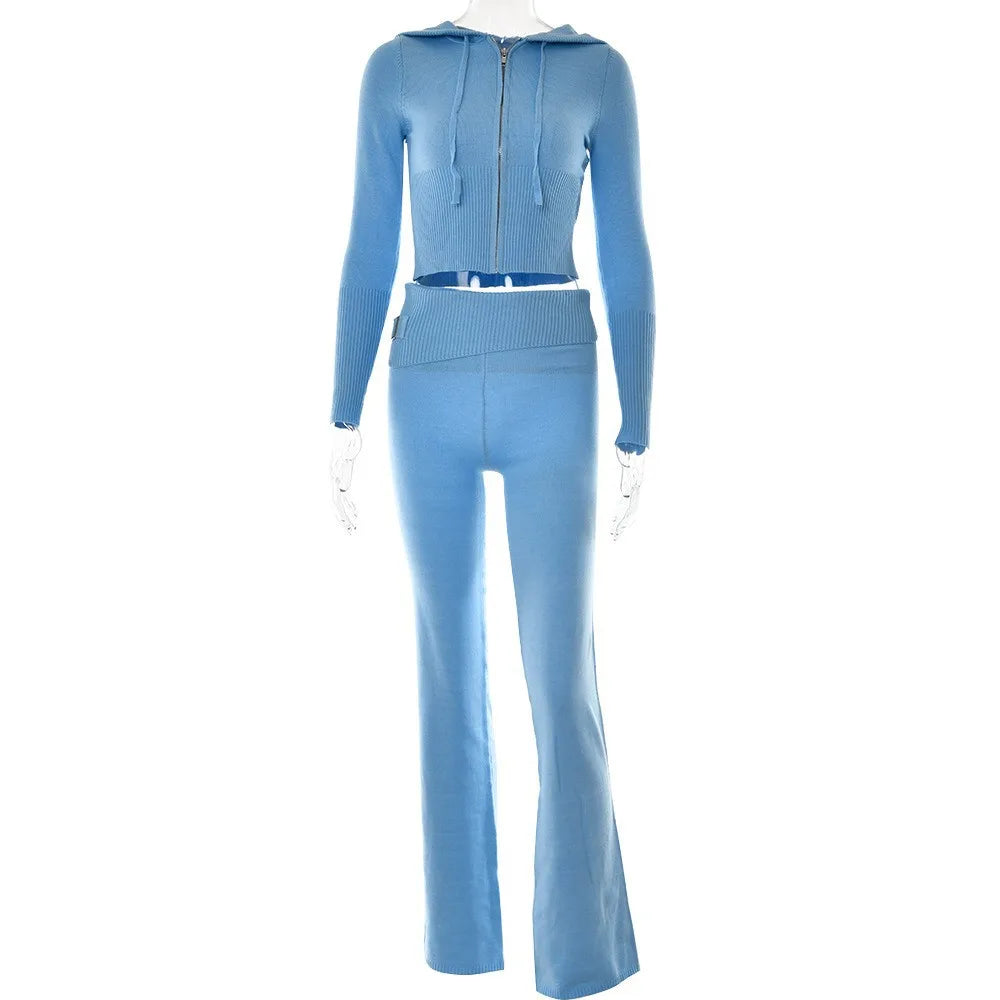 Damen Strick-Set – 2-teilig, Hoodie Crop Top, Flare Pants, Stretch, Sportlich & Casual