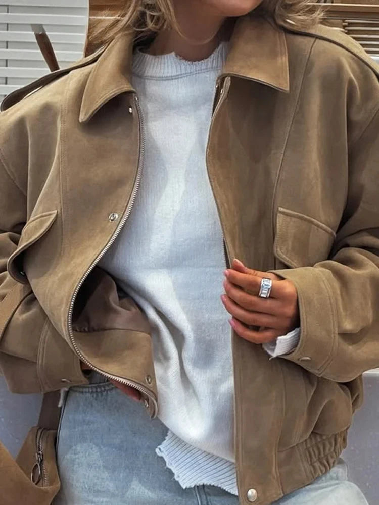 Loose Fit Wildlederjacke für Damen – Reißverschluss, Taschen, Herbst/Streetwear