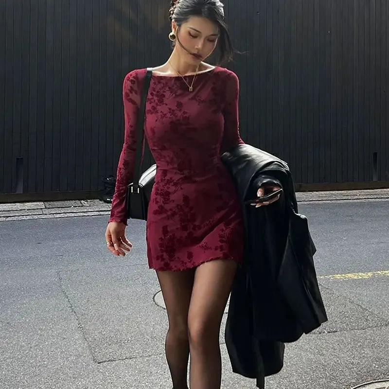 Herbstkleid für Damen – Langarm, Weinrot, Sexy & Lässig, Strickpullover-Style