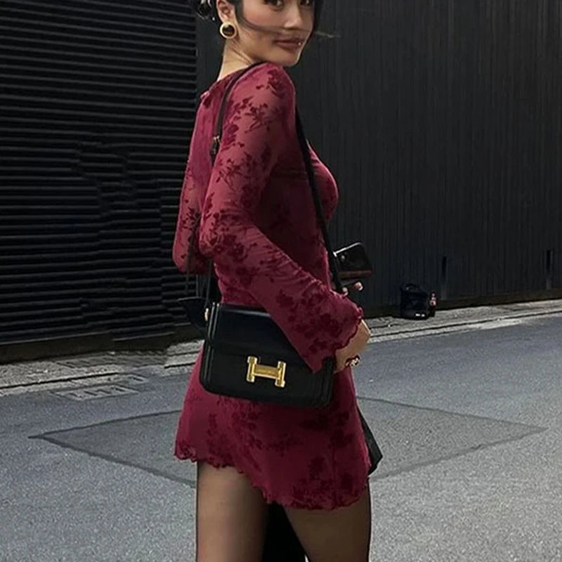 Herbstkleid für Damen – Langarm, Weinrot, Sexy & Lässig, Strickpullover-Style
