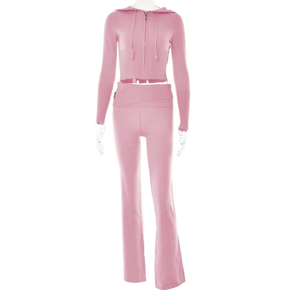 Damen Strick-Set – 2-teilig, Hoodie Crop Top, Flare Pants, Stretch, Sportlich & Casual