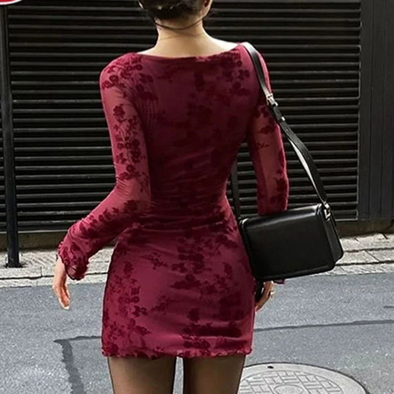 Herbstkleid für Damen – Langarm, Weinrot, Sexy & Lässig, Strickpullover-Style