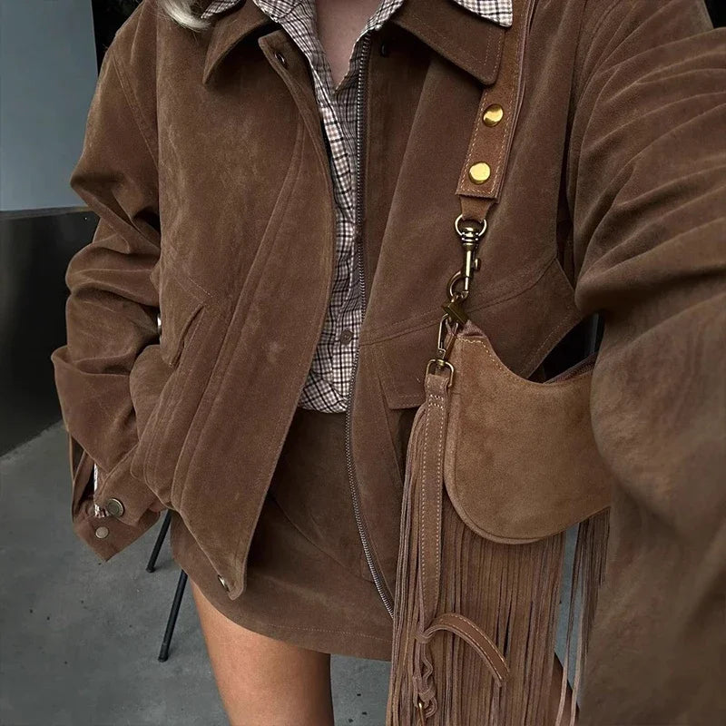 Damen Zweiteiler Set mit Langarm-Jacke & Minirock – Eleganter Street Style Look