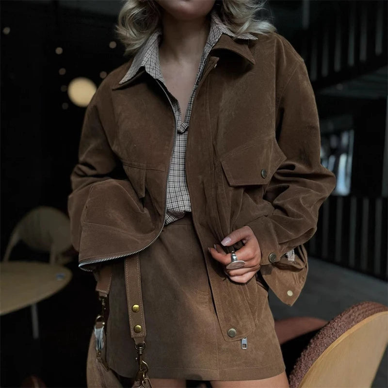 Damen Zweiteiler Set mit Langarm-Jacke & Minirock – Eleganter Street Style Look