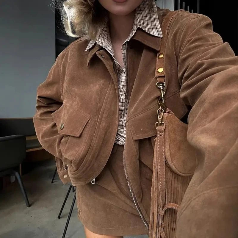Damen Zweiteiler Set mit Langarm-Jacke & Minirock – Eleganter Street Style Look