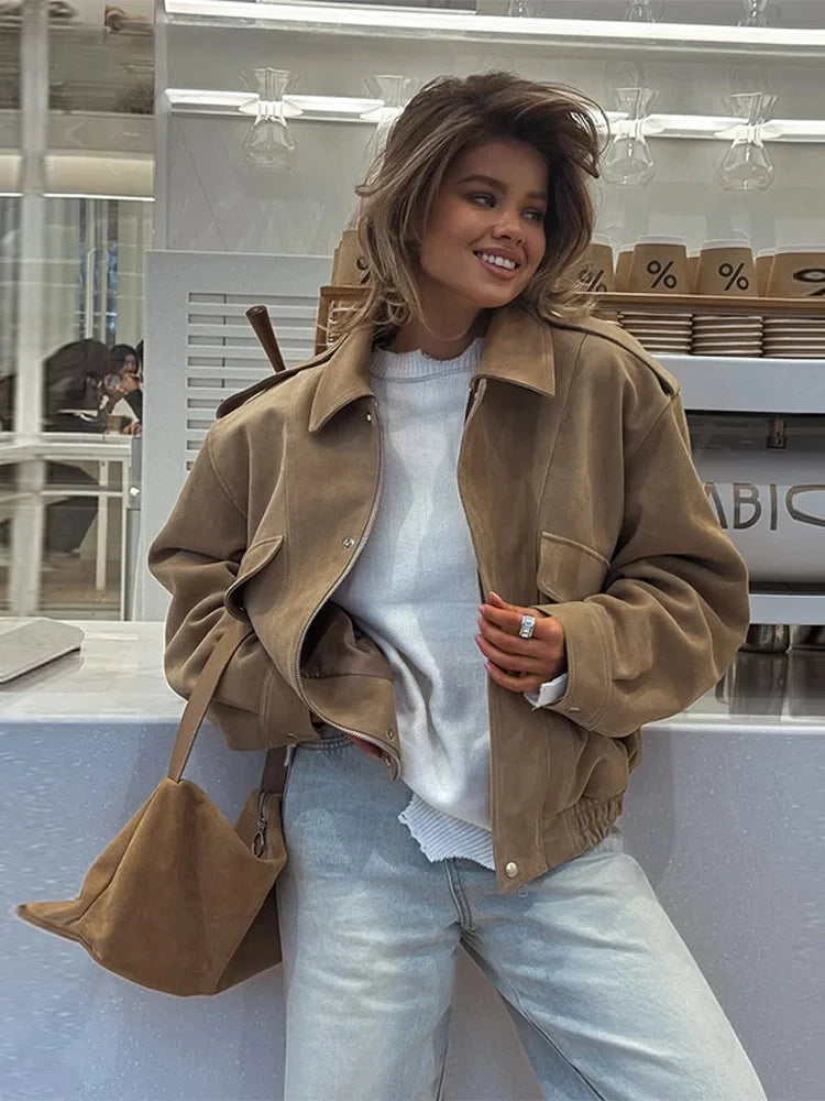 Loose Fit Wildlederjacke für Damen – Reißverschluss, Taschen, Herbst/Streetwear