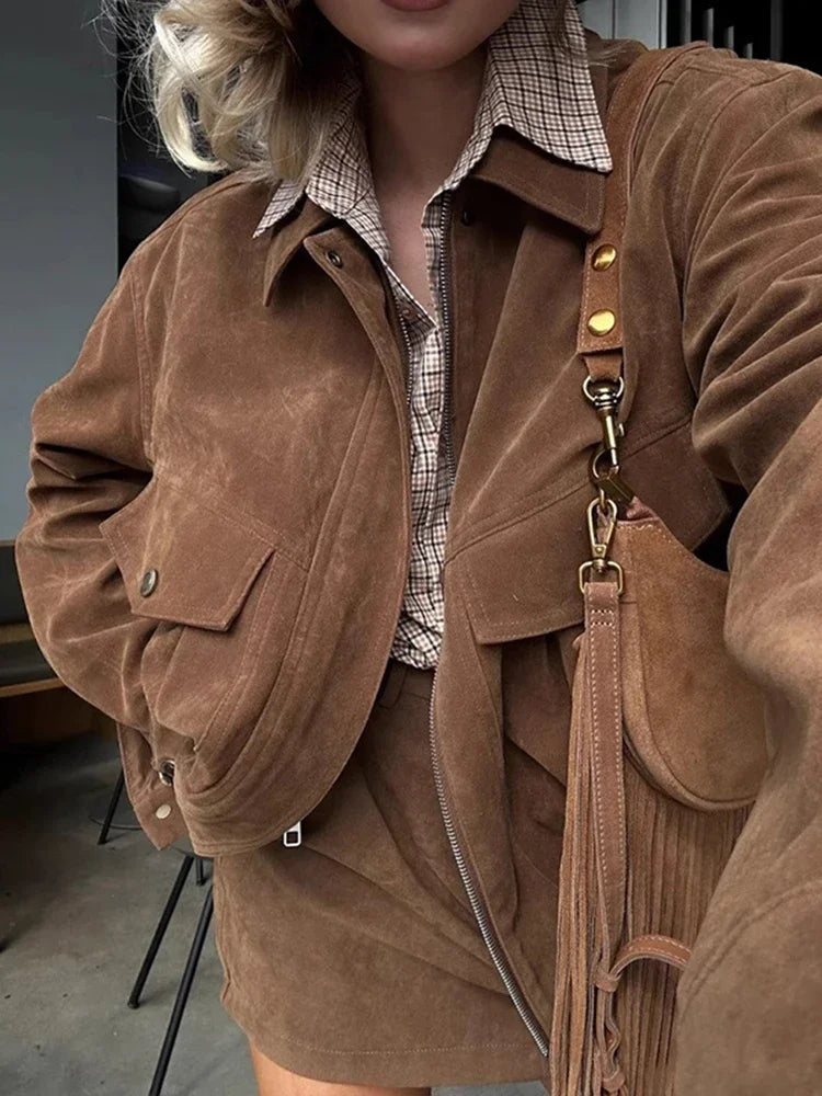 Damen Zweiteiler Set mit Langarm-Jacke & Minirock – Eleganter Street Style Look