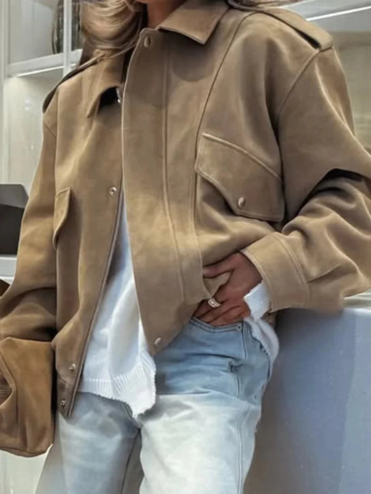Loose Fit Wildlederjacke für Damen – Reißverschluss, Taschen, Herbst/Streetwear