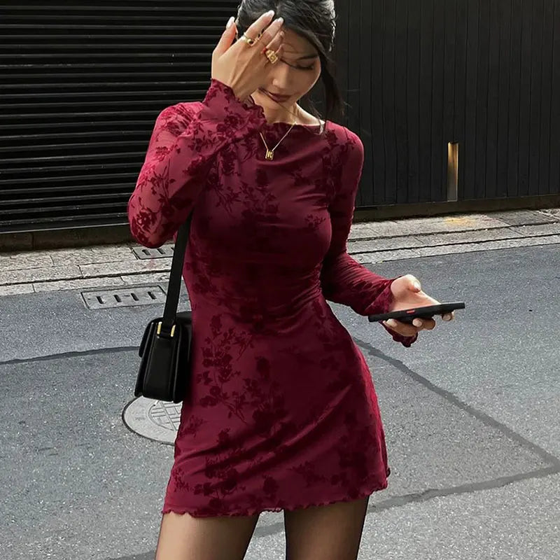 Herbstkleid für Damen – Langarm, Weinrot, Sexy & Lässig, Strickpullover-Style