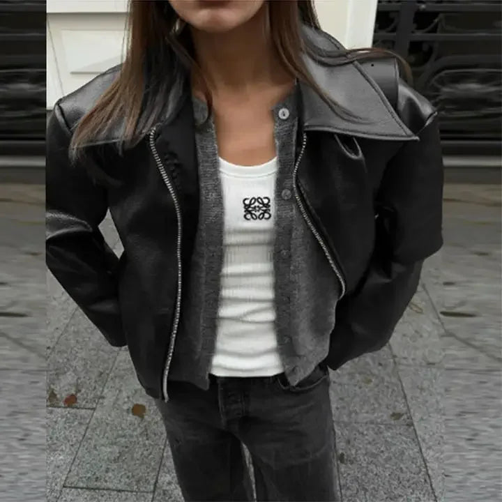 Loose Fit PU-Lederjacke – Damen Oversize, Langarm, Street Fashion Herbst 2025