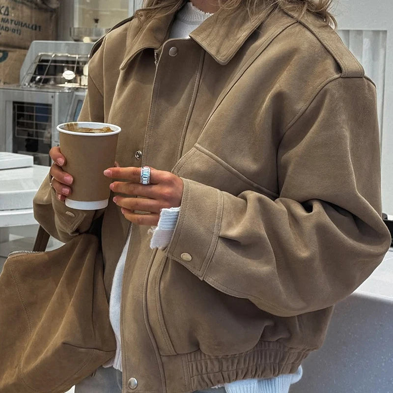 Loose Fit Wildlederjacke für Damen – Reißverschluss, Taschen, Herbst/Streetwear