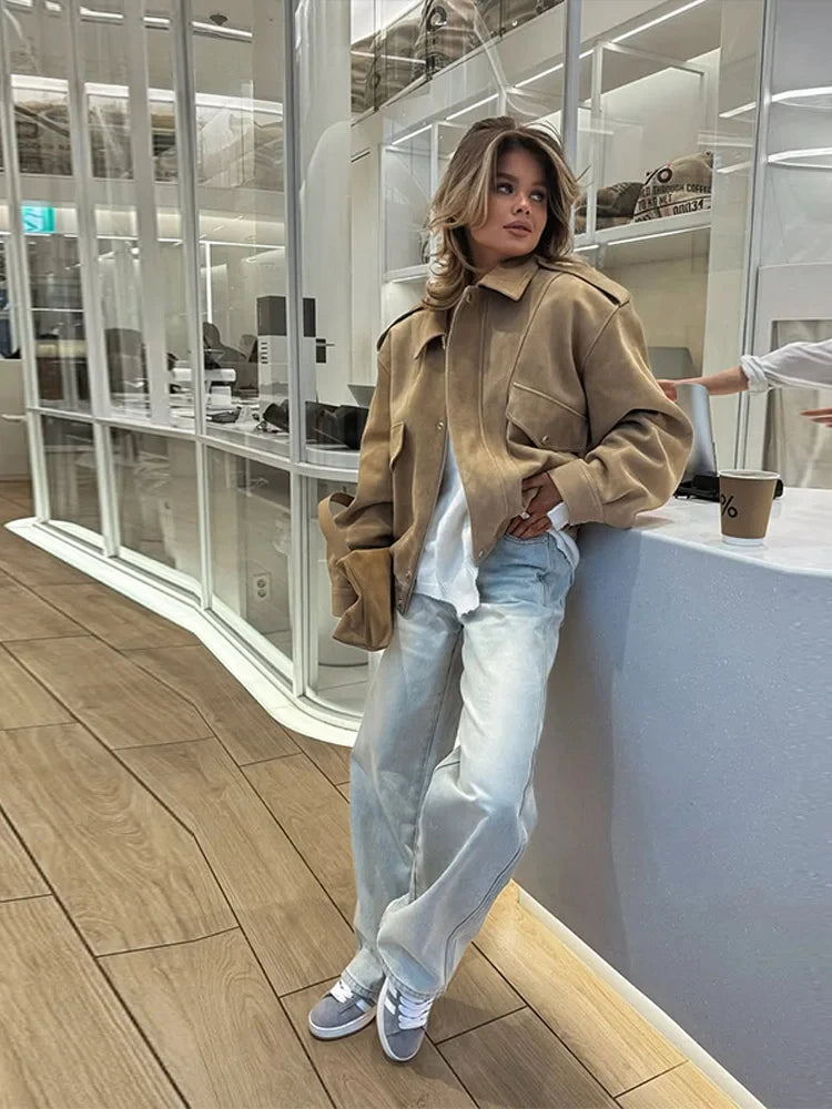 Loose Fit Wildlederjacke für Damen – Reißverschluss, Taschen, Herbst/Streetwear