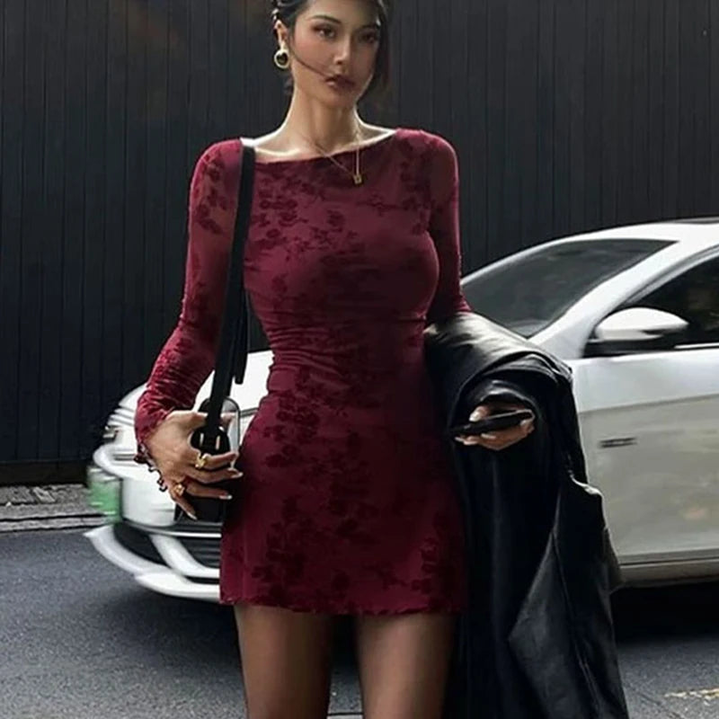 Herbstkleid für Damen – Langarm, Weinrot, Sexy & Lässig, Strickpullover-Style